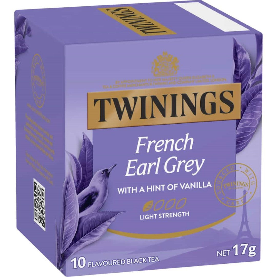 A box of Twinings Tea French Earl Grey featuring black tea infused with bergamot and lavender for a delicate, aromatic experience.