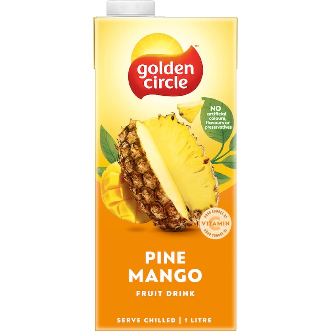 Refreshing Golden Circle Pine Mango fruit drink, blending sweet pineapple and mango flavors for a delightful thirst-quencher.