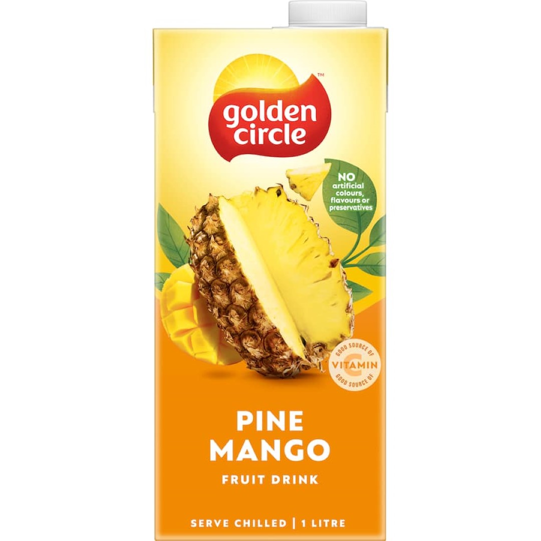 Refreshing Golden Circle Pine Mango fruit drink, combining tangy pineapple and sweet mango flavors.