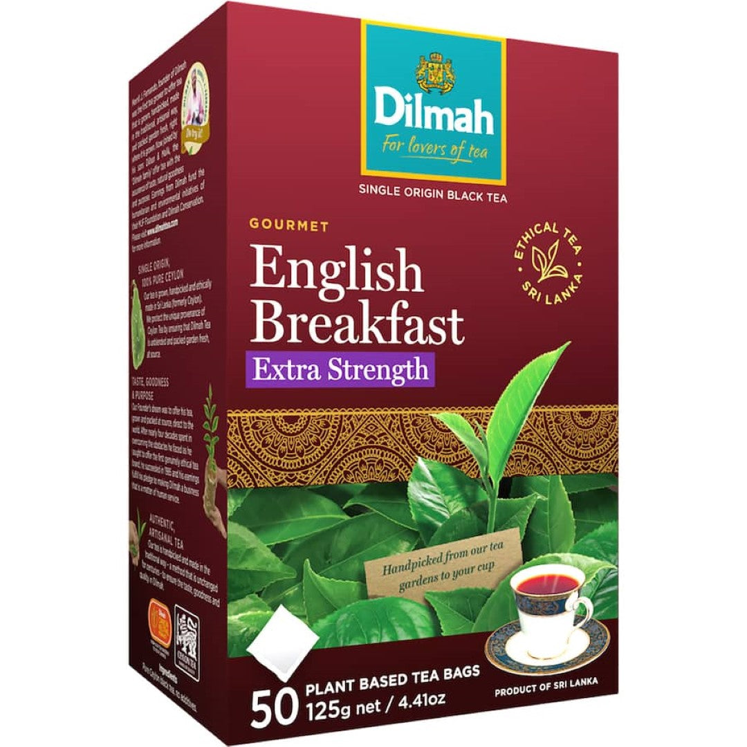 Dilmah Tea English Breakfast Extra Strength pack featuring 50 tagless bags of robust, premium black tea for a hearty brew.