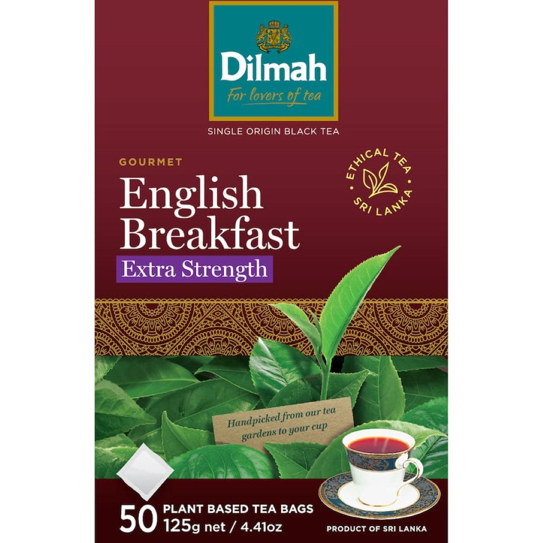 Dilmah Tea English Breakfast Extra Strength: 50 tagless tea bags made with premium BOPF leaves for a robust and hearty brew.