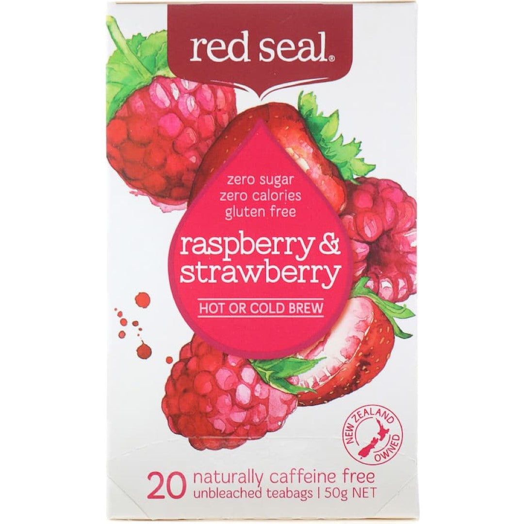 A vibrant Red Seal Fruit Tea blend featuring raspberry and strawberry flavors, perfect for hot or cold brewing.