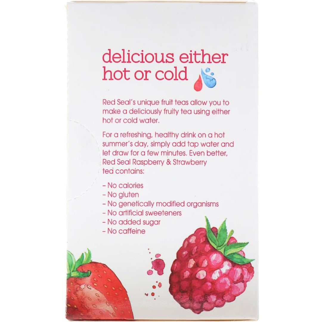 A vibrant fruity tea blend of raspberry and strawberry, 99.9% sugar-free and caffeine-free, perfect hot or cold.