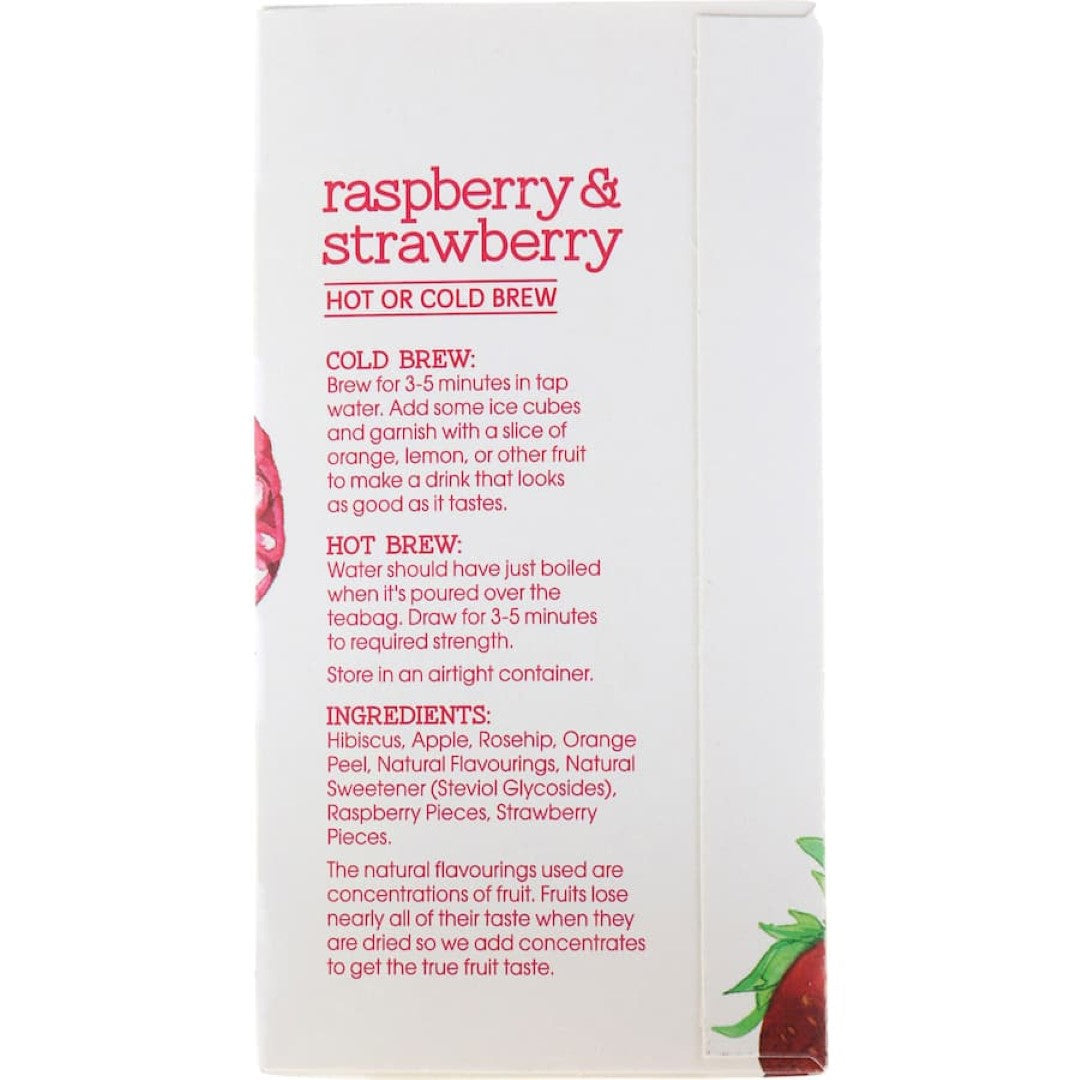 Red Seal Fruit Tea Raspberry & Strawberry pack featuring vibrant flavors and eco-friendly teabags for a refreshing drink.