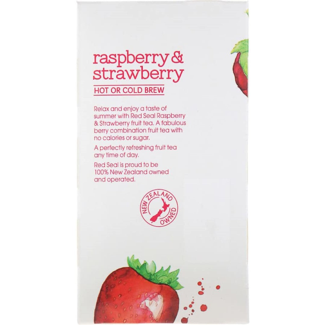 Cup of Red Seal Raspberry & Strawberry fruit tea, showcasing vibrant colors and a teabag, perfect for hot or cold beverage enjoyment.