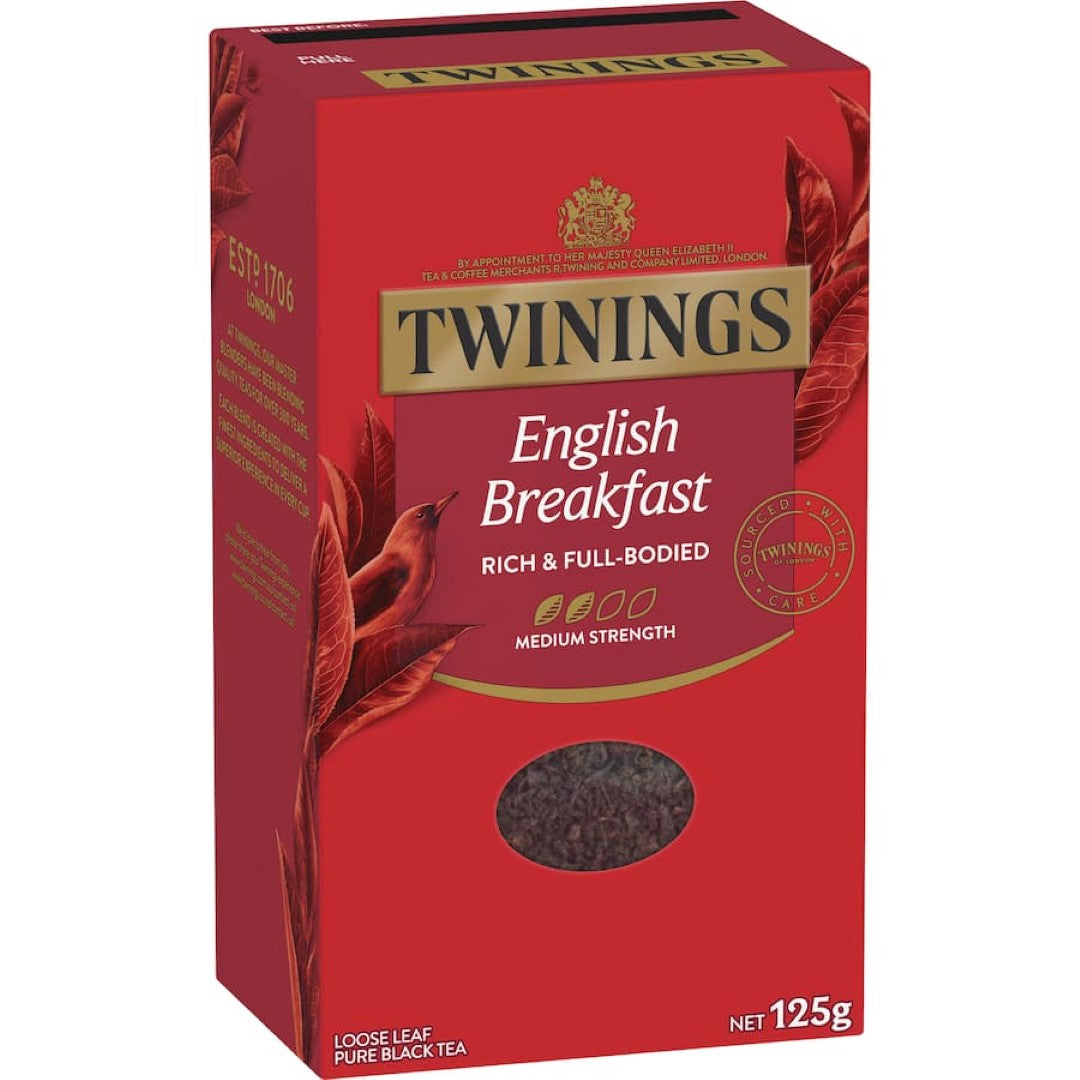 Twinings Loose Leaf Tea English Breakfast features a rich blend of quality black tea leaves for a robust and aromatic brew.