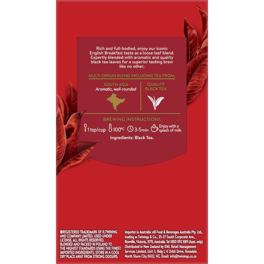 Twinings Loose Leaf Tea English Breakfast, a robust blend of quality black tea leaves for a rich, full-bodied aroma and flavor.