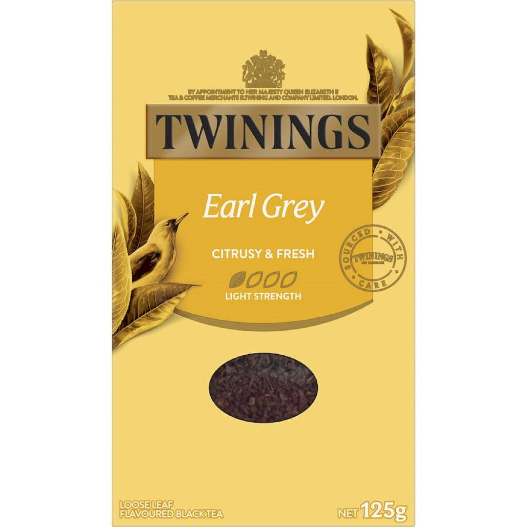 Twinings Earl Grey Tea Loose Leaf, a light black tea infused with refreshing bergamot for a classic, citrusy flavor experience.