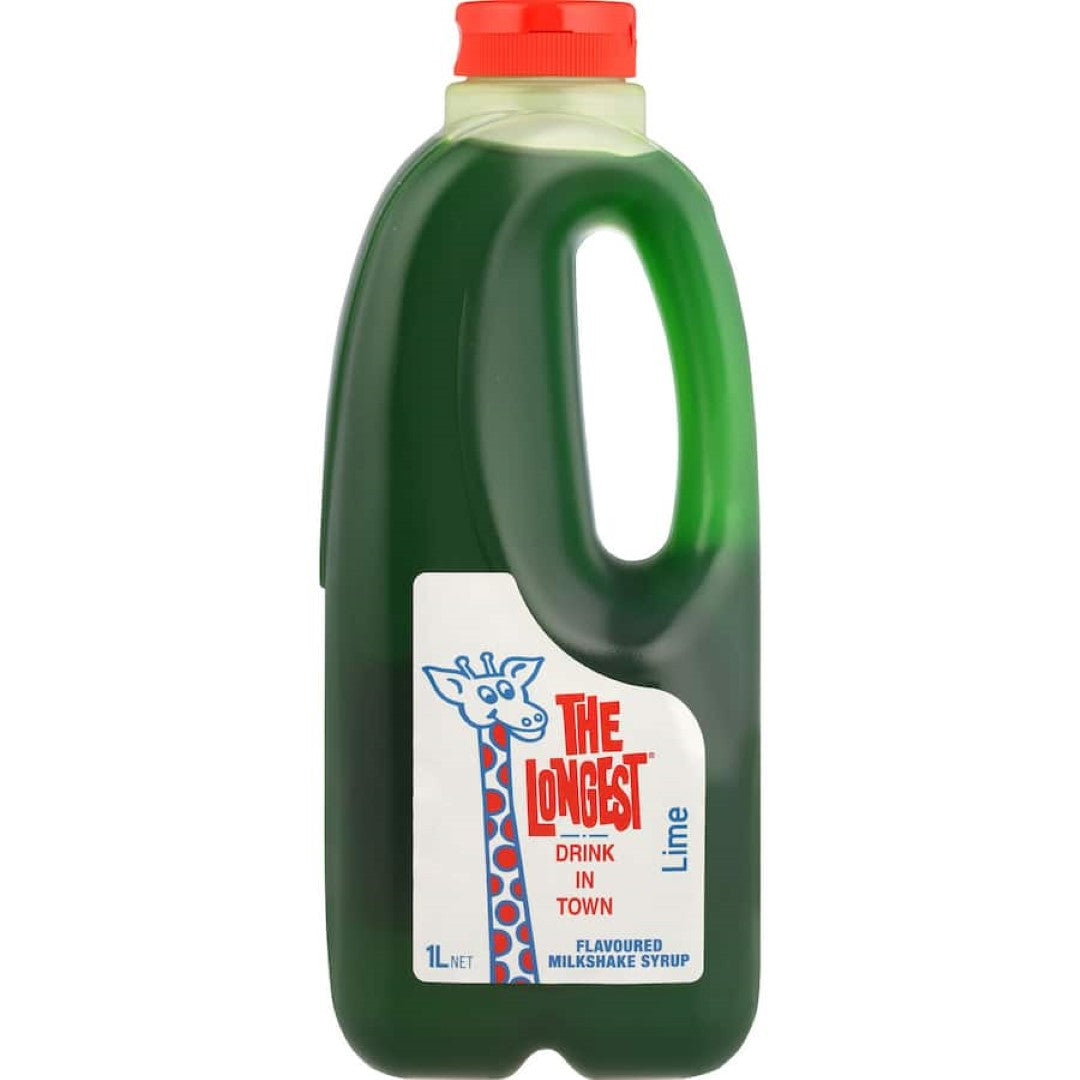 Bright green bottle of The Longest Drink In Town Lime Flavouring, perfect for creamy milkshakes and nostalgic summer treats.