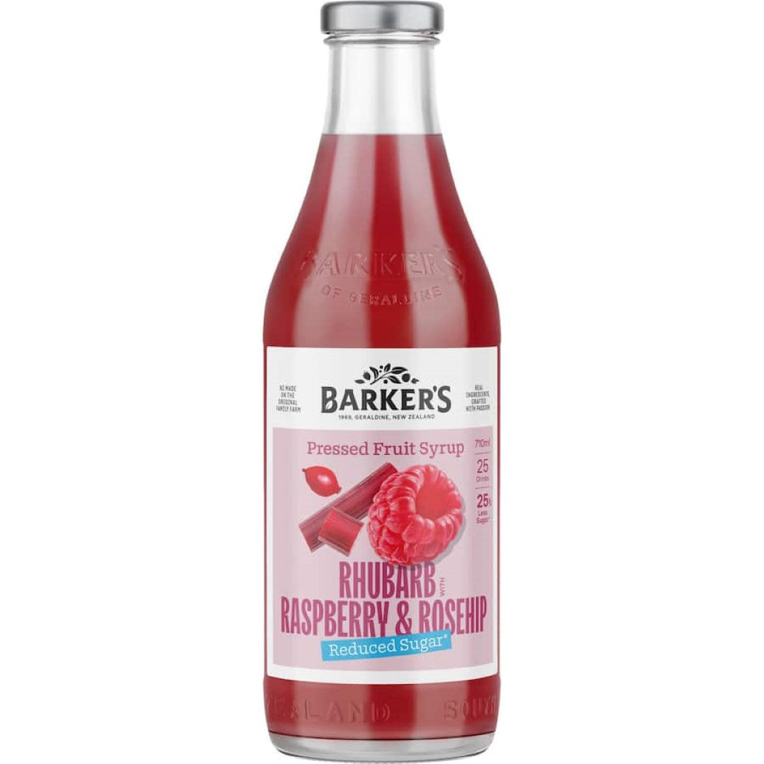 Barkers Fruit Syrup Lite with rhubarb, raspberry, and rosehip, perfect for enhancing drinks and desserts with low-calorie flavor.