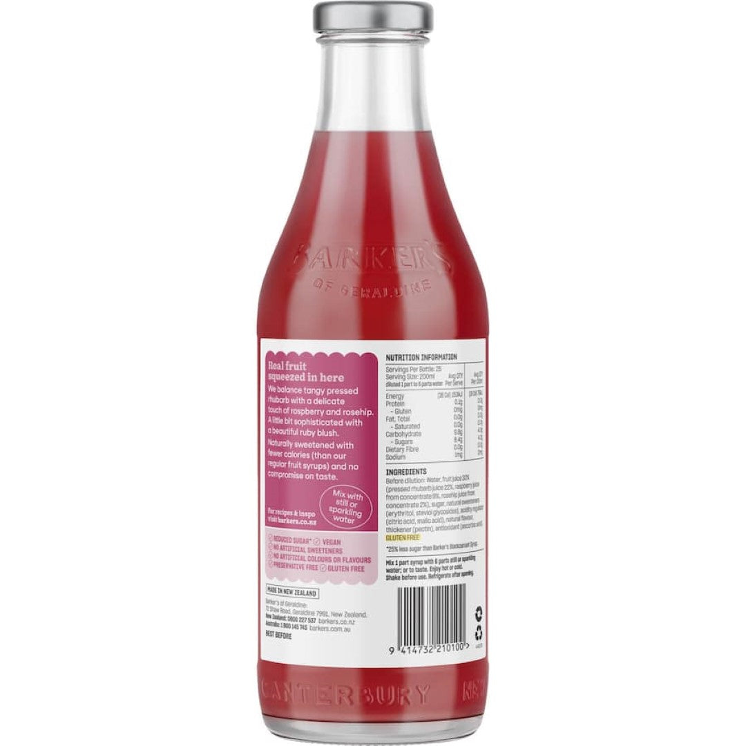 Barkers Fruit Syrup Lite featuring tangy rhubarb, sweet raspberries, and rosehip; perfect for enhancing drinks and desserts.