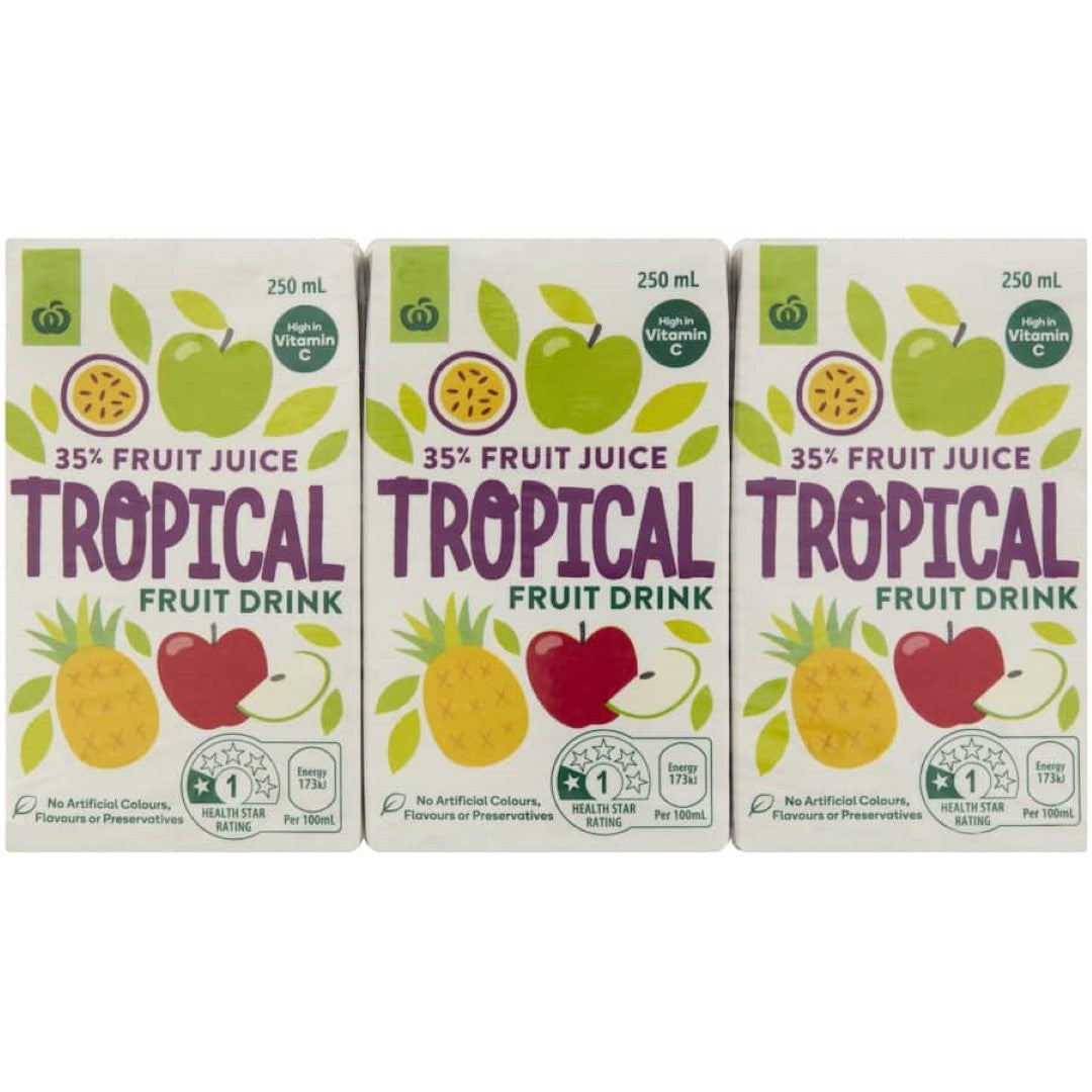 Woolworths Fruit Drink 35% Tropical Fruit, a refreshing beverage with real fruit juice for a tasty, healthy refreshment.