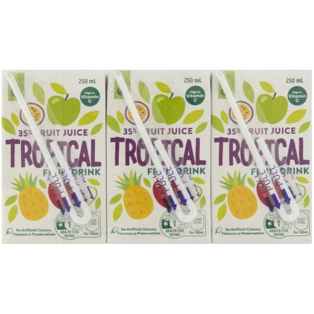 Woolworths Fruit Drink 35% Tropical Fruit, refreshing beverage with real fruit juice, no artificial additives, perfect for lunch boxes.