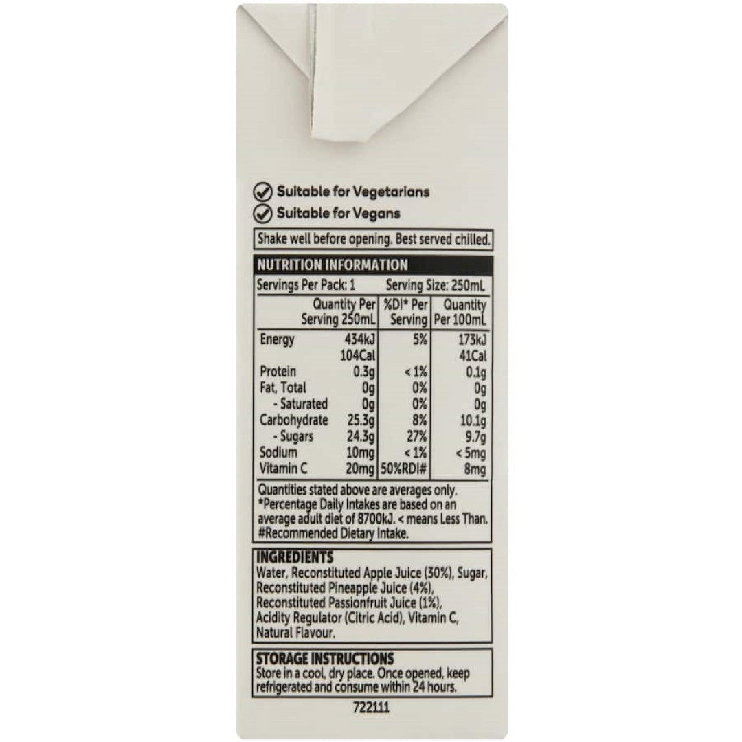 Woolworths 35% Tropical Fruit Drink, a refreshing, natural beverage with real fruit juice, perfect for lunch boxes.