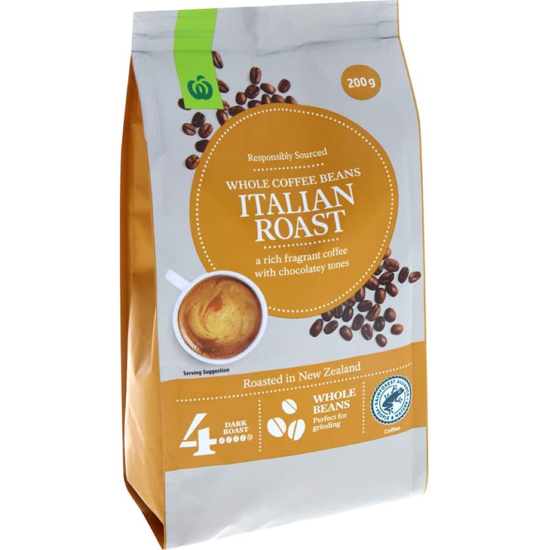 Premium 200g Woolworths Coffee Beans Italian, 100% Arabica, for a rich, robust flavor and sustainable coffee experience.