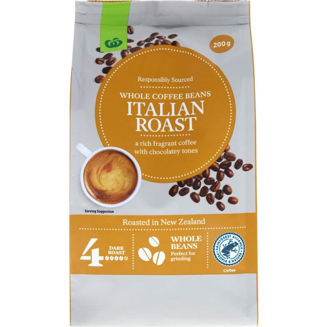 Woolworths Coffee Beans Italian 200g, 100% Arabica, rich flavor, ethically sourced for a robust coffee experience.