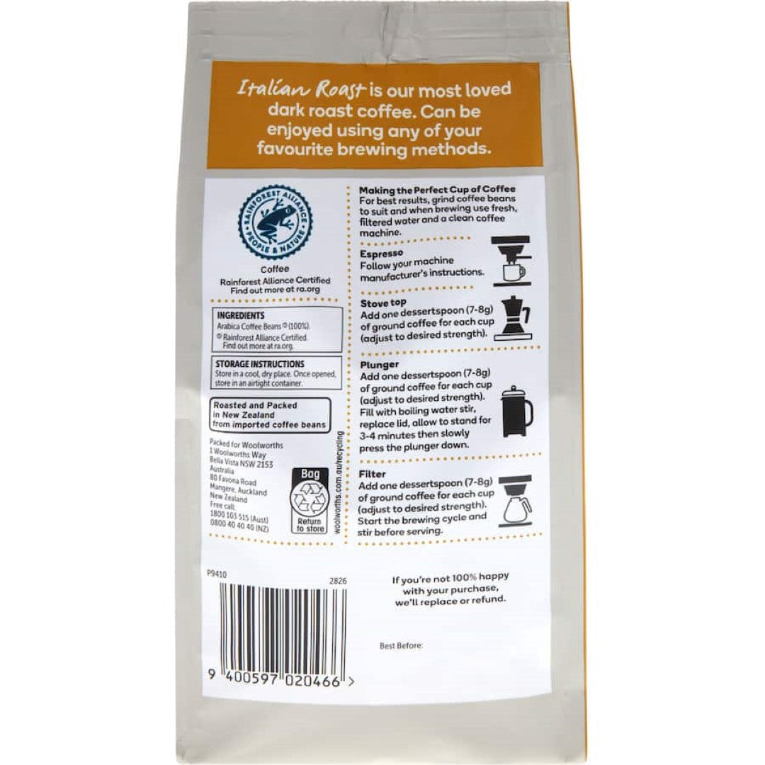 Woolworths Coffee Beans Italian 200g: rich 100% Arabica beans, sustainably sourced for bold, aromatic coffee lovers.