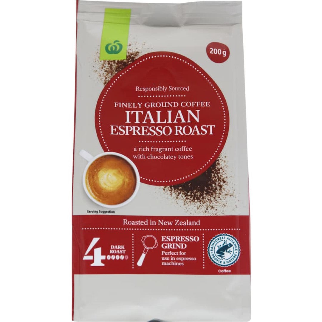 A 200g bag of Woolworths Espresso Grind Italian coffee, made from 100% Arabica beans for a rich, bold flavor.