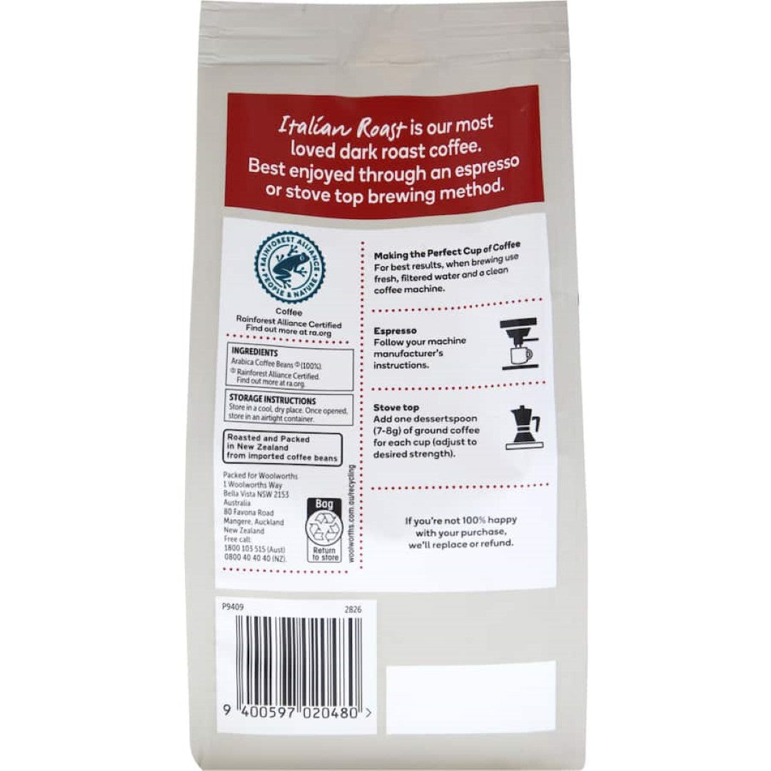 Woolworths Espresso Grind Italian 200g bag showcasing rich, 100% Arabica coffee for bold, aromatic espresso at home.