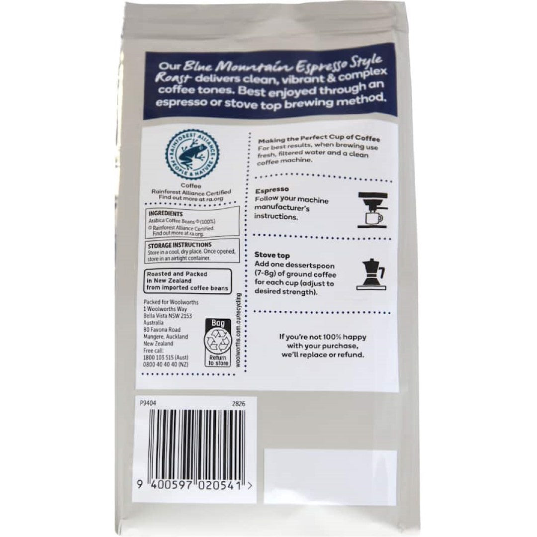 Woolworths Espresso Grind Blue Mountain 200g