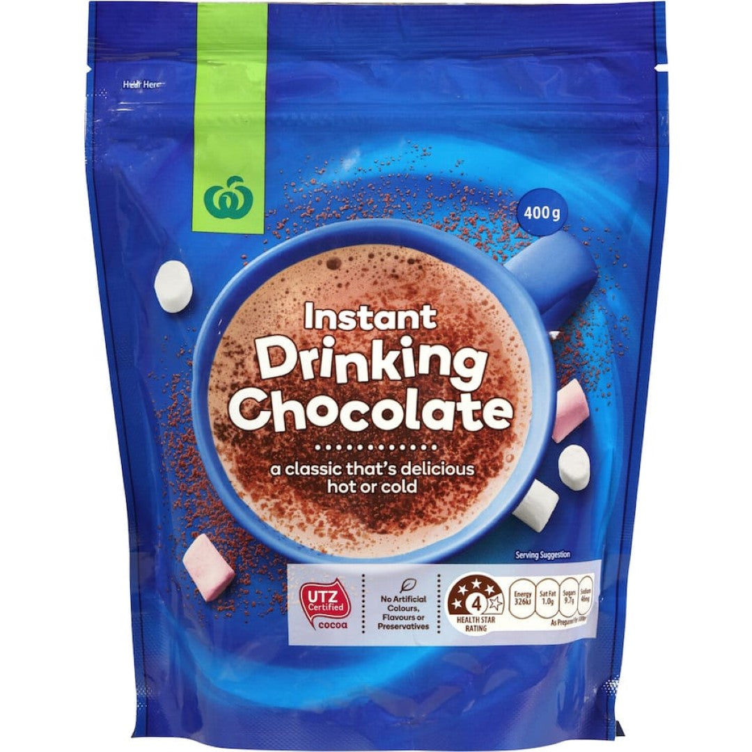 Woolworths Drinking Chocolate: a rich, velvety blend of cocoa offering guilt-free indulgence from ethically sourced ingredients.