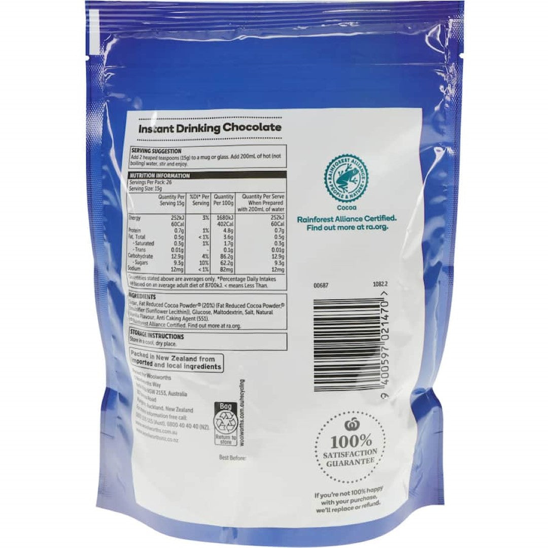 Rich and smooth Woolworths Drinking Chocolate made from ethically sourced cocoa, ideal for hot or cold indulgence.