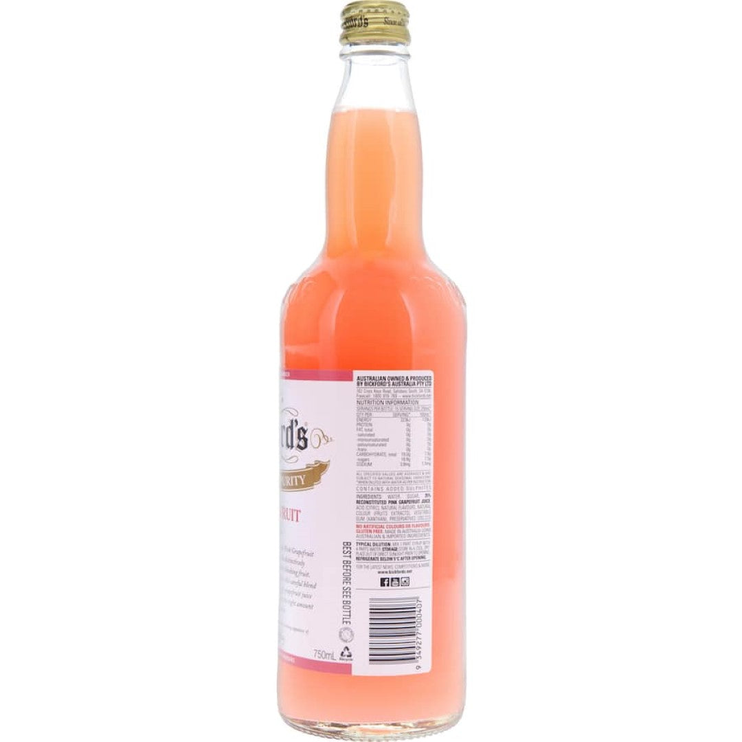 Bickford's Cordial Pink Grapefruit offers a zesty blend of tangy grapefruit and sweetness for refreshing drinks.
