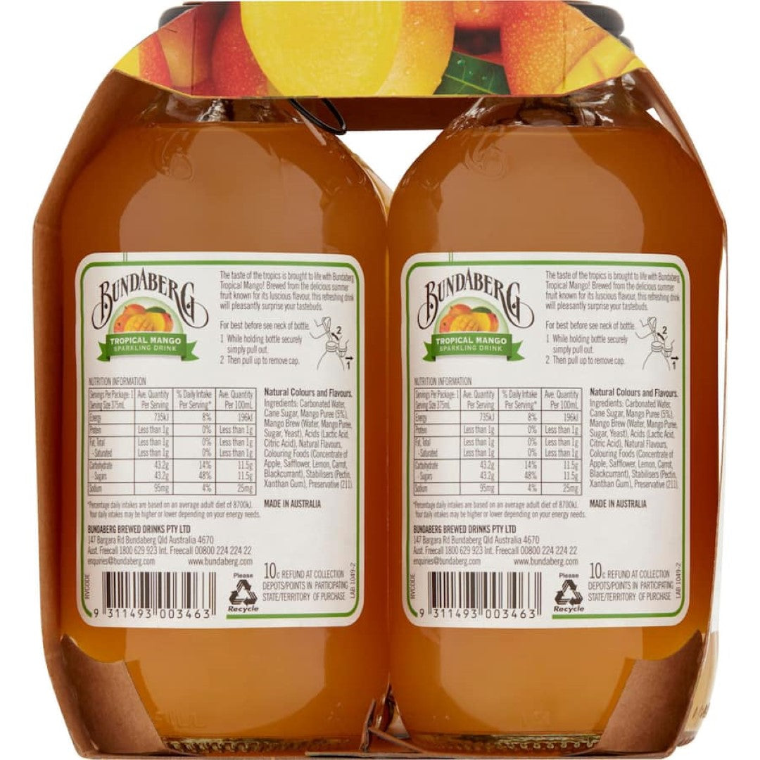Bundaberg Soft Drink Tropical Mango 375ml bottles 4pack