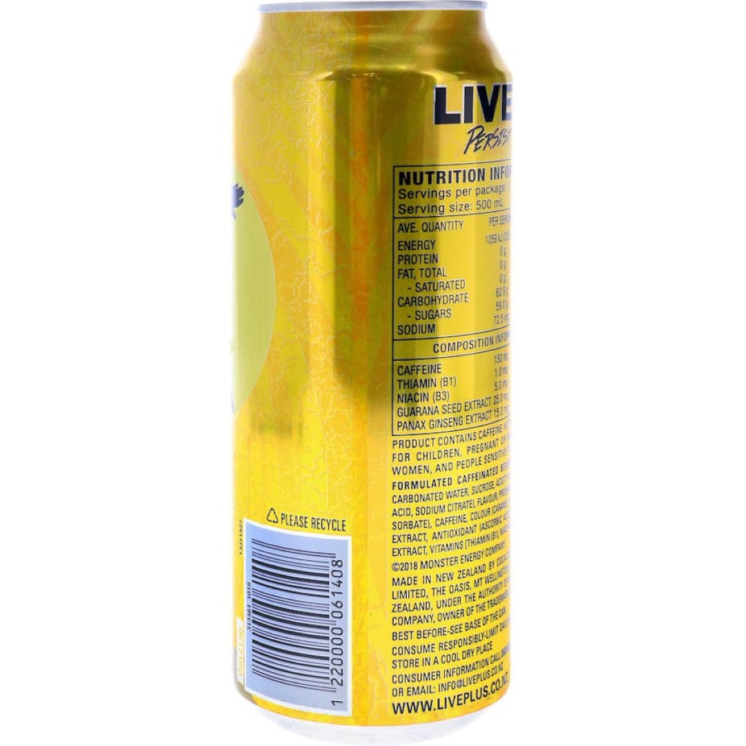 Live Plus Energy Drink Persist can: refreshing energy boost for athletes with natural ingredients and low calories.