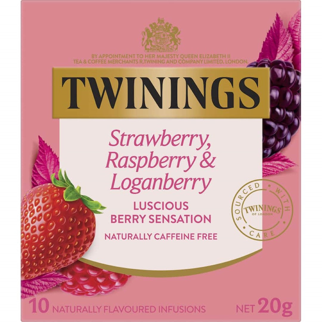 Twinings Fruit Tea featuring a berry blend of raspberry, strawberry, and loganberry, perfect for refreshing caffeine-free enjoyment.