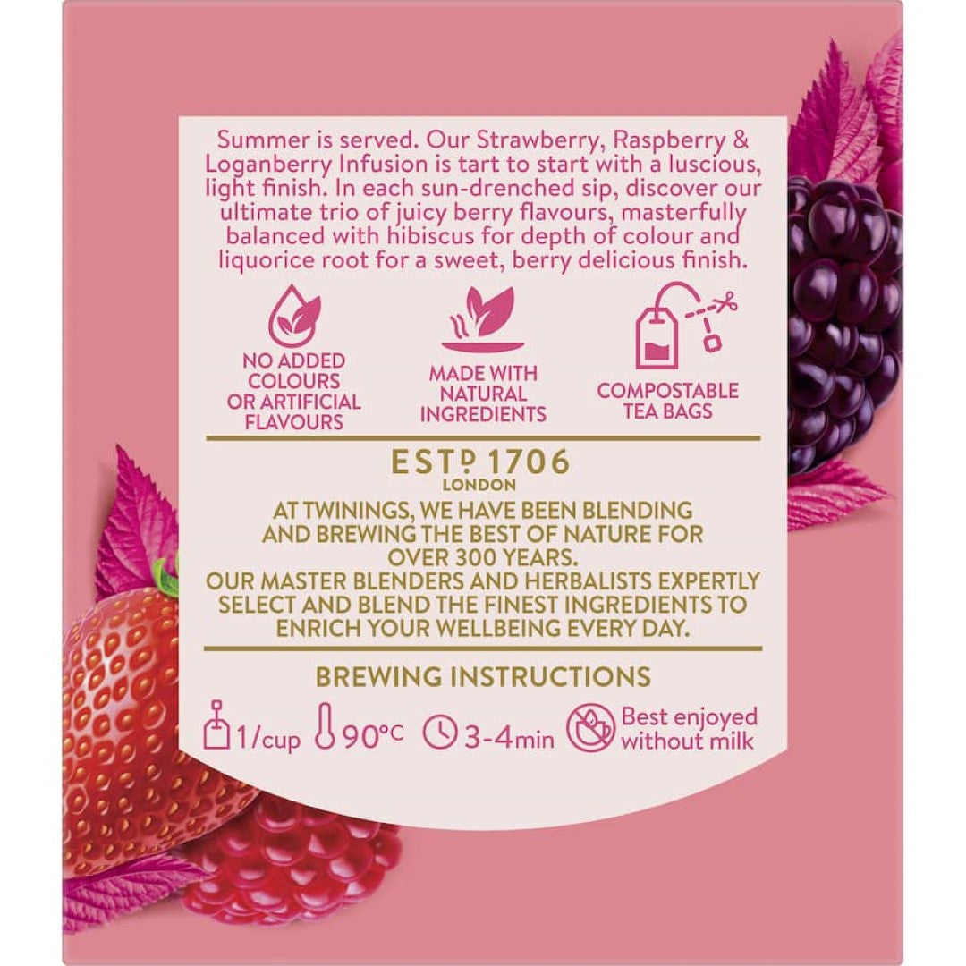 Twinings Fruit Tea featuring Raspberry, Strawberry, and Loganberry, perfect for a sweet, caffeine-free beverage.