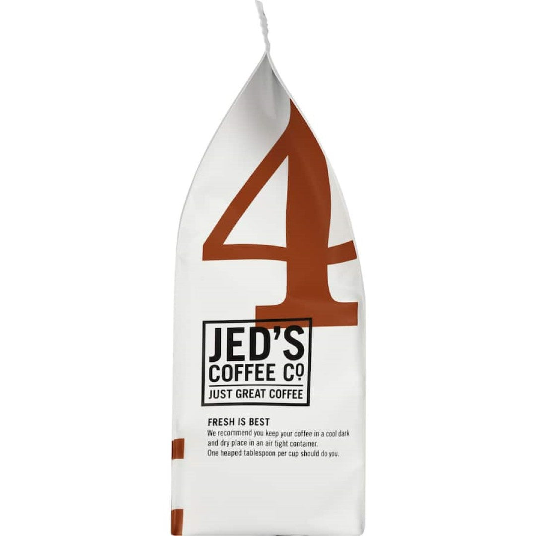 Bag of Jed's Whole Beans Coffee #4 Very Strong, showcasing a bold dark roast for coffee lovers seeking robust flavor.