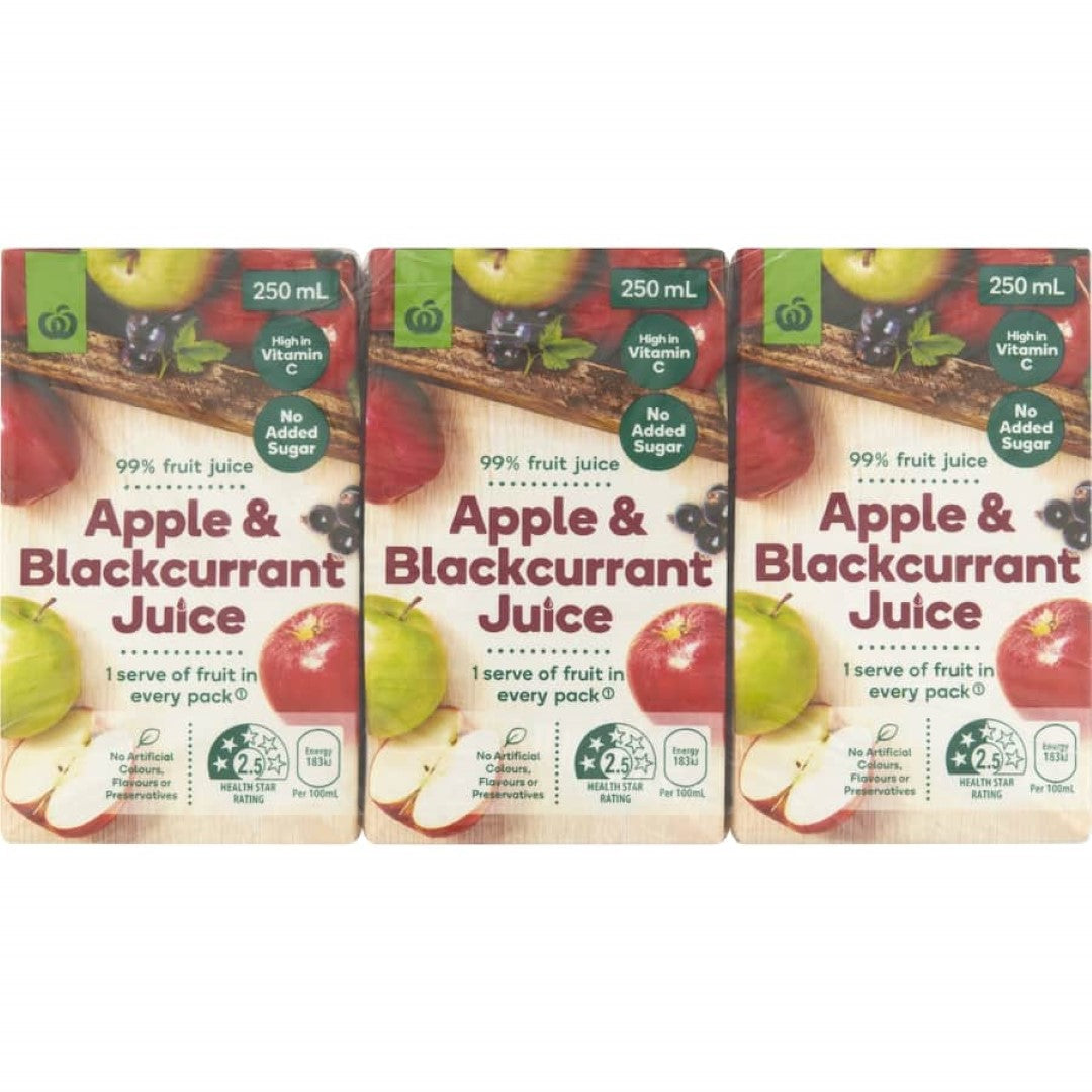 Refreshing Woolworths Fruit Juice blend of apple and blackcurrant, 99% fruit juice, rich in vitamin C, no added sugar.