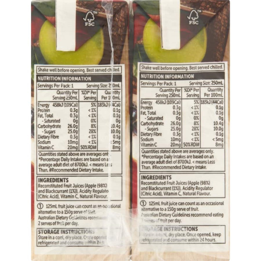 Woolworths Fruit Juice Apple & Blackcurrant in a pack of 6, made from 99% juice, rich in vitamin C, no added sugars.
