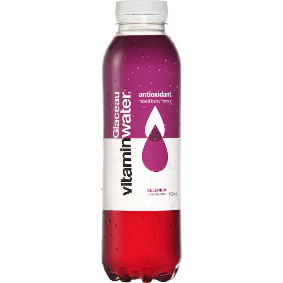 Bottle of Glaceau Vitamin Water Antioxidant Mixed Berry, a nutrient-rich drink packed with vitamins A, C, and E for hydration.