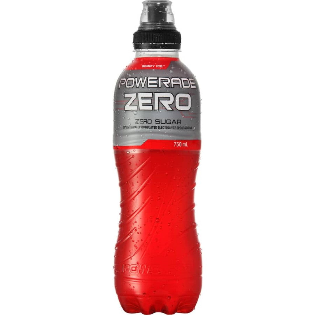 Powerade Zero Sports Drink in Berry Ice flavor in a sipper cap bottle, featuring zero sugar and replenishing electrolytes.