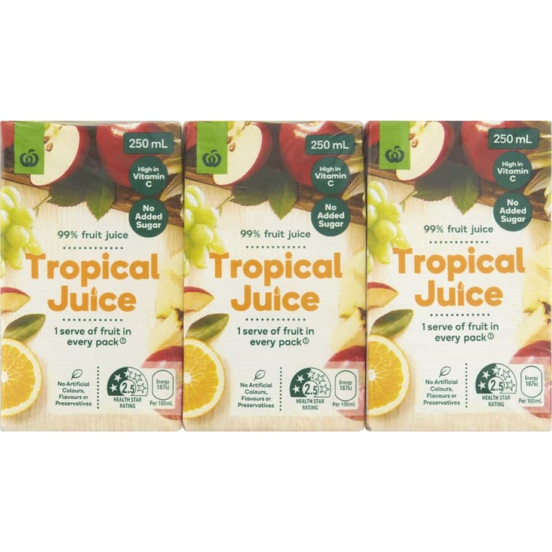 Bottle of Woolworths Fruit Juice Tropical, a 99% pure fruit juice blend with no added sugar, bursting with tropical flavors.