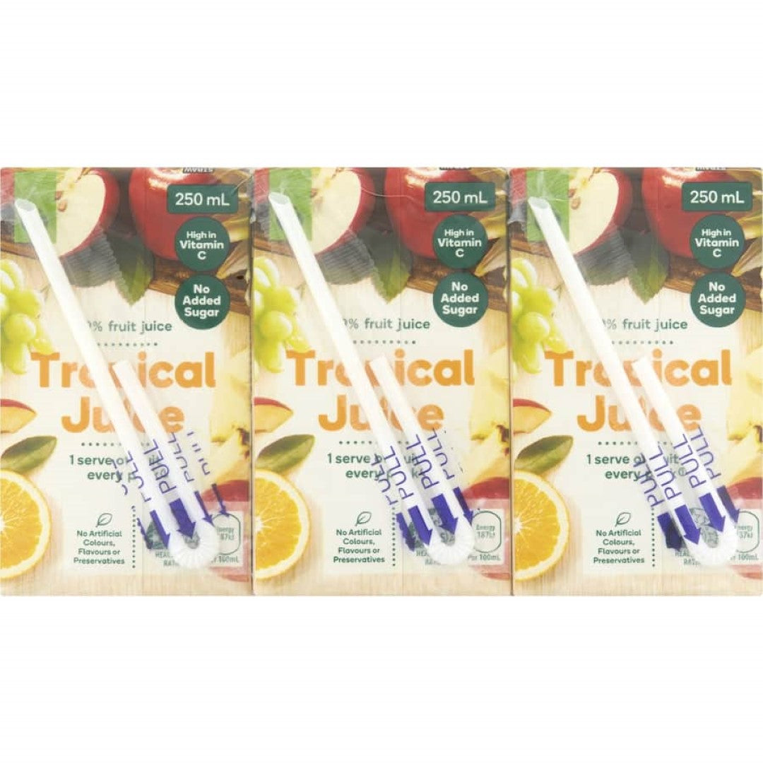 Bottled Woolworths Fruit Juice Tropical, 99% pure juice with no added sugar, showcasing vibrant tropical fruit flavors.
