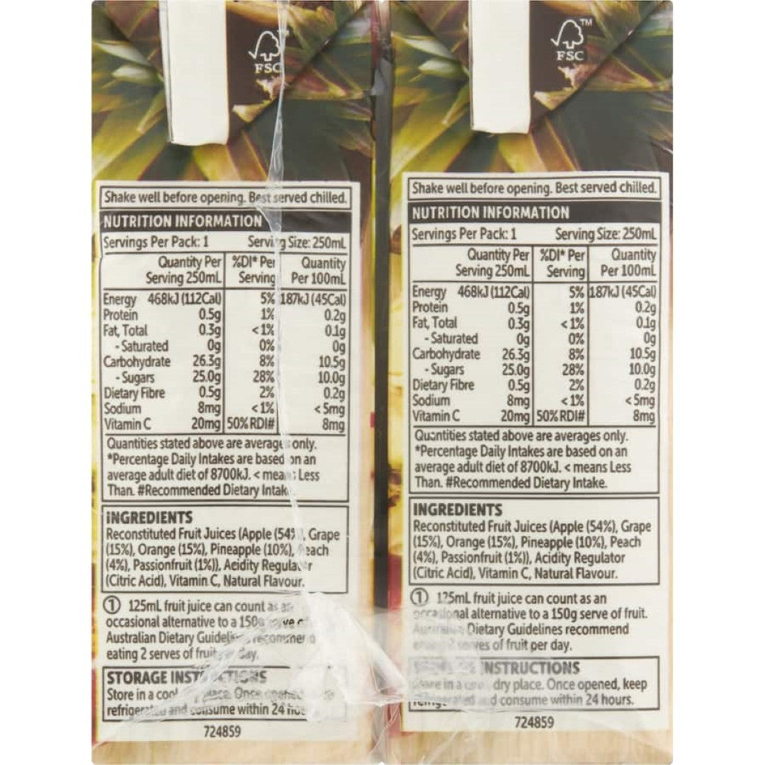 Woolworths Fruit Juice Tropical: refreshing 99% pure fruit juice blend with no added sugar and natural flavors.