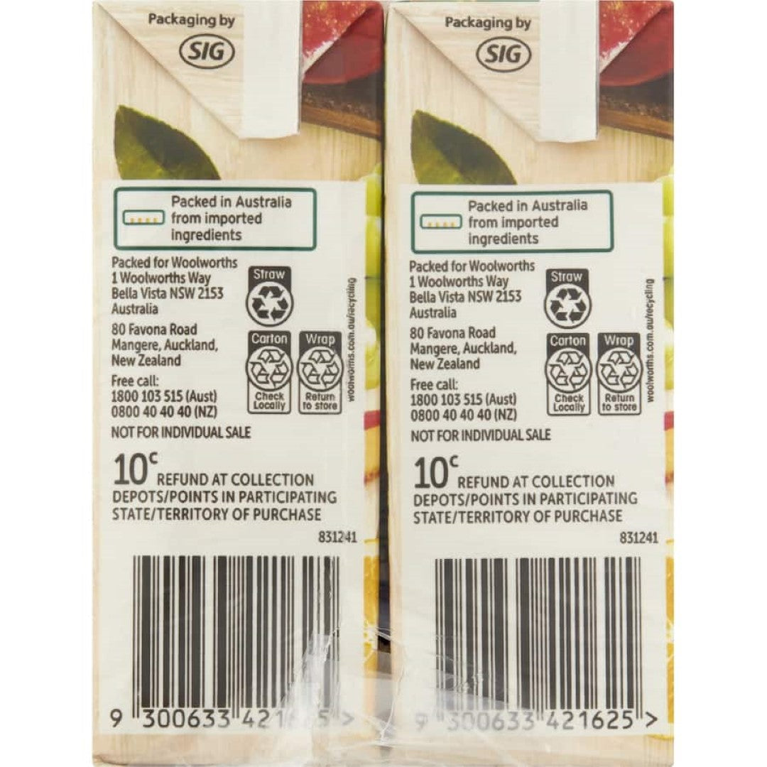 A bottle of Woolworths Fruit Juice Tropical, featuring 99% pure fruit juice with no added sugar and rich in Vitamin C.