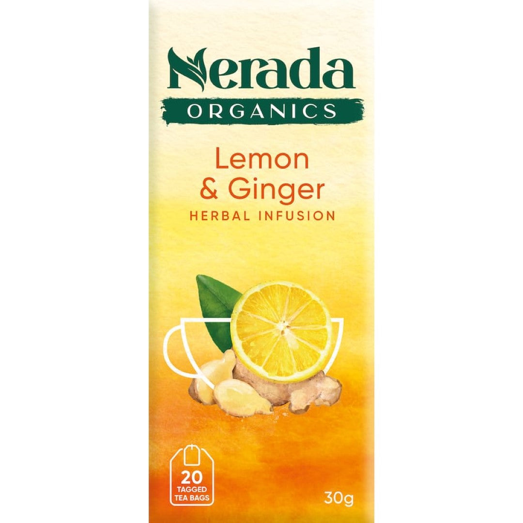 A refreshing blend of organic lemon and ginger tea, rich in antioxidants and caffeine-free for wellness and enjoyment.