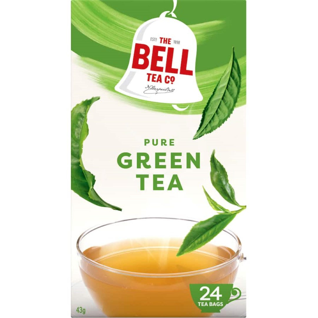 A box of Bell Pure Green Tea featuring 24 individually wrapped tea bags, promoting a mellow flavor and sustainable farming.