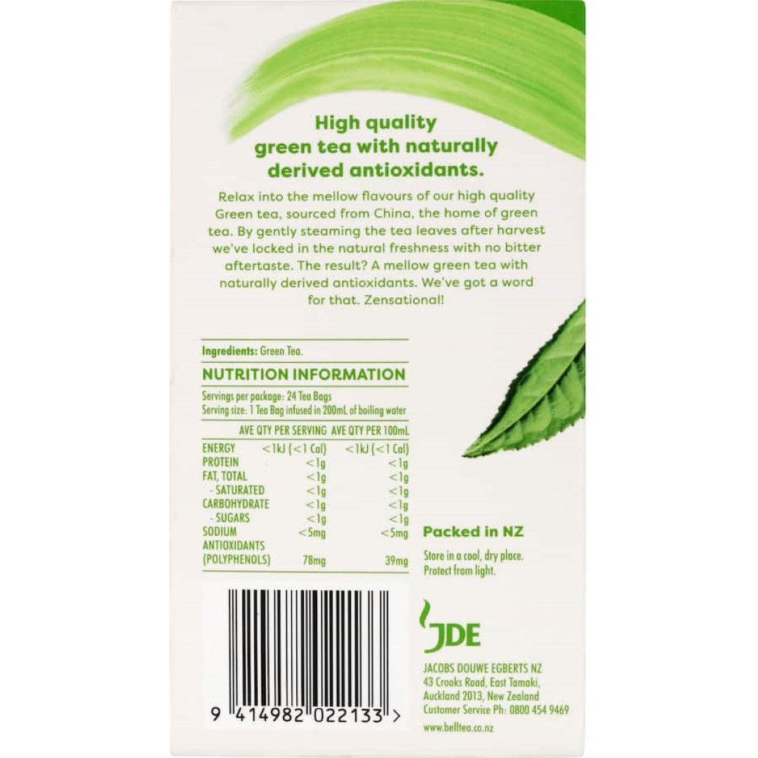 "Box of Bell Pure Green Tea with 24 biodegradable tea bags, sustainably sourced and packed in New Zealand for a refreshing brew."