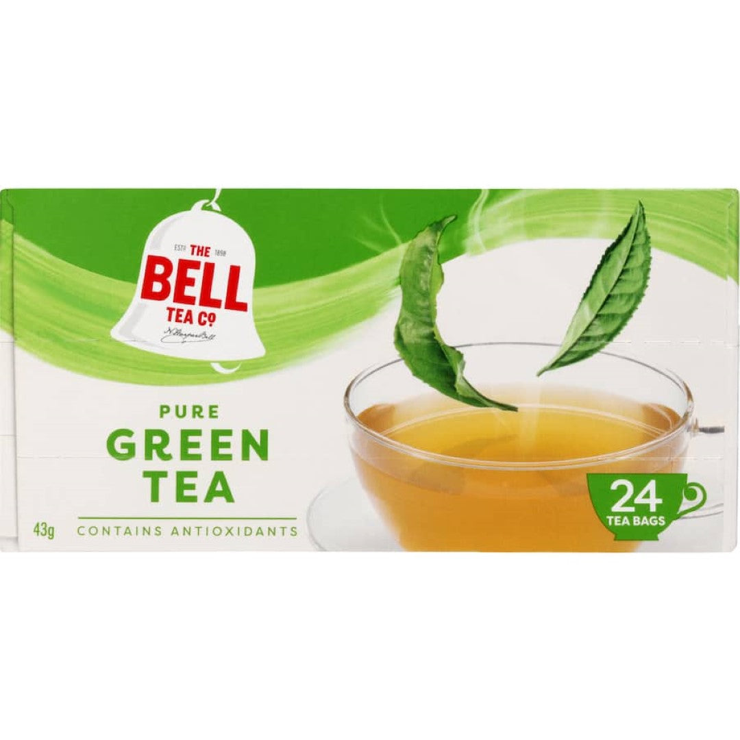 A box of Bell Pure Green Tea featuring 24 eco-friendly tea bags, emphasizing premium quality and sustainable practices.