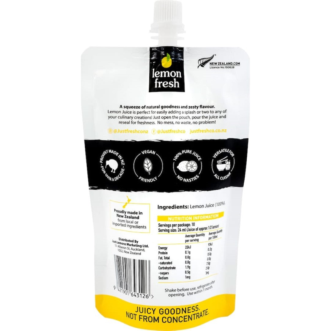 Bottle of Lemon Fresh Squeezed Fruit Juice, made from five real lemons, gluten-free and vegan, perfect for cooking and cocktails.