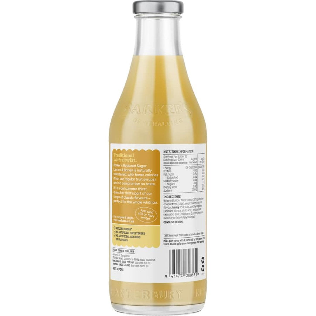 Barkers Fruit Syrup Lite Lemon & Barley bottle, featuring natural ingredients for refreshing cocktails and drinks.