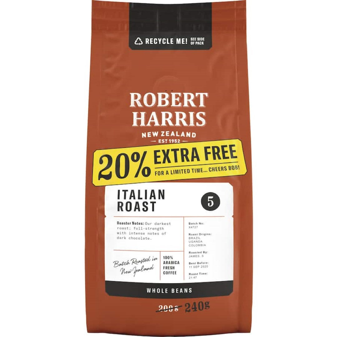 Rich, bold Robert Harris Italian Roast coffee beans featuring smoky aroma and chocolate undertones, perfect for espresso lovers.
