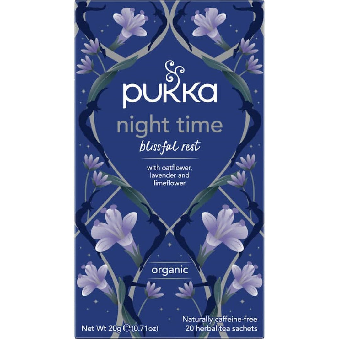 Pukka Herbal Tea Night Time with calming chamomile, lavender, and valerian for a restful night's sleep.