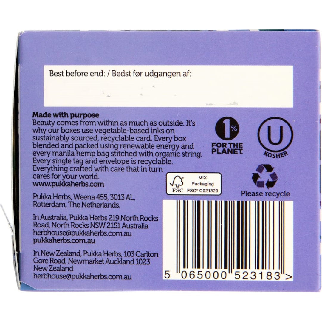 A cozy cup of Pukka Herbal Tea Night Time, featuring calming chamomile, lavender, and valerian for restful sleep.