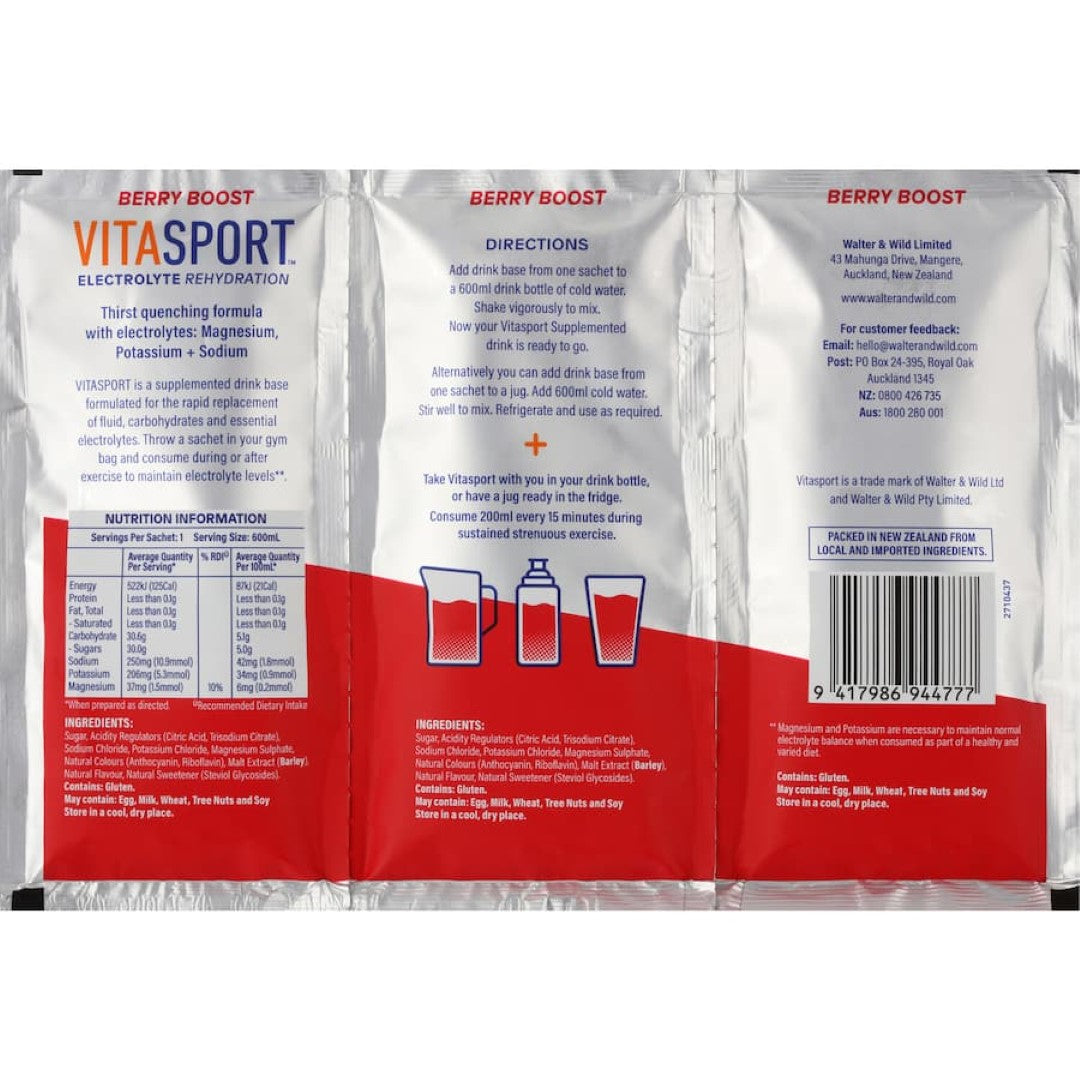 Vitasport Berry Boost electrolyte drink mix sachets for hydration and essential electrolyte replacement during workouts.